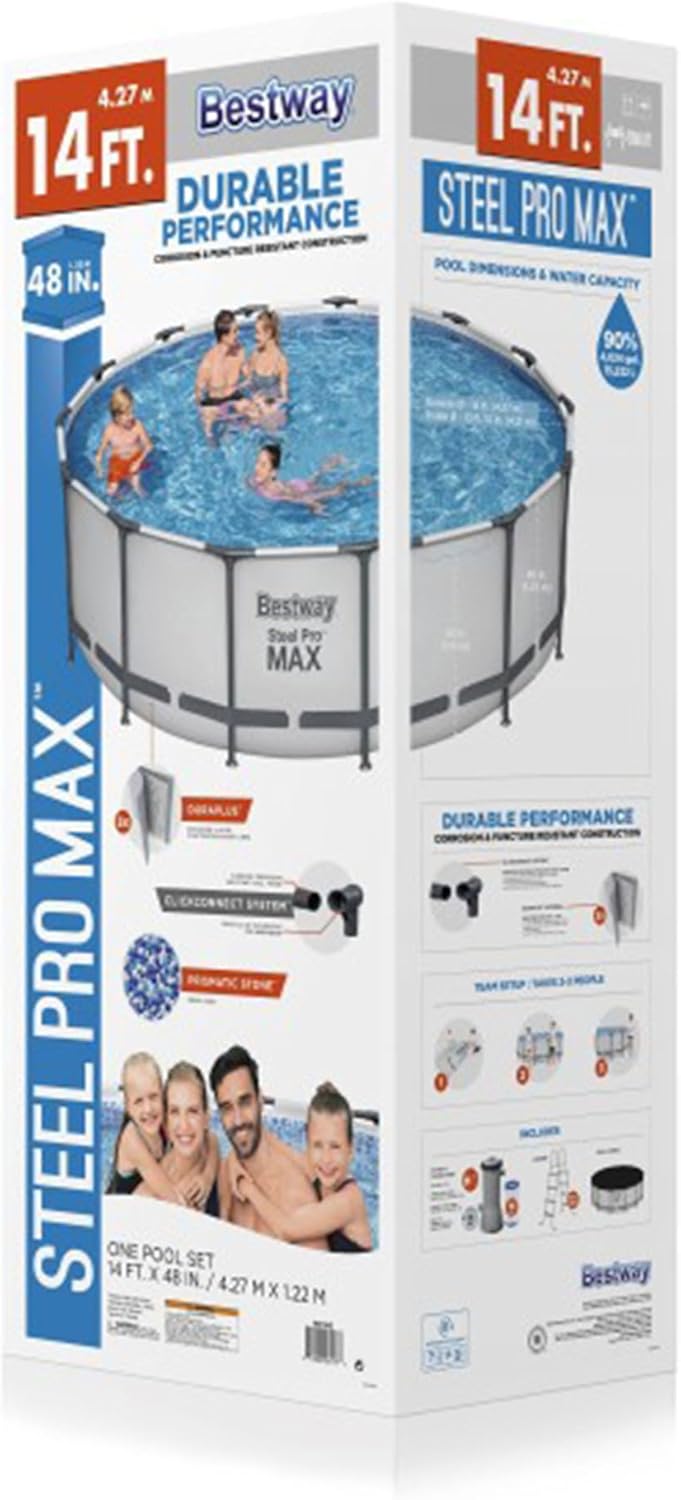 Bestway Steel Pro MAX 14 Foot x 48 Inch Round Metal Frame above Ground Outdoor Swimming Pool Set with 1,000 Filter Pump, Ladder, and Cover, Gray