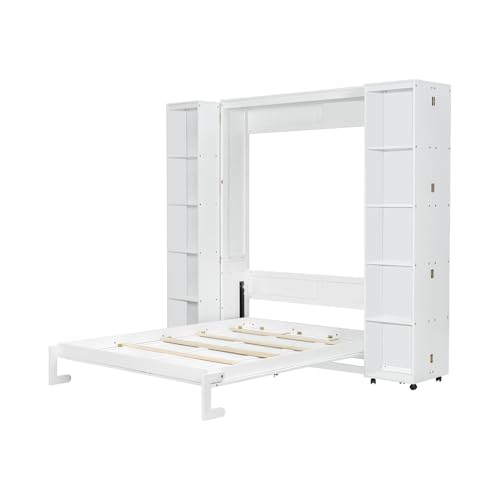 KLMM Wooden Murphy Bed Wall Bed with 2 Wardrobe and Storage Shelf,Foldable Platform Bedframe for Guest-Room Bedroom Study Office Use (White#E, Full)