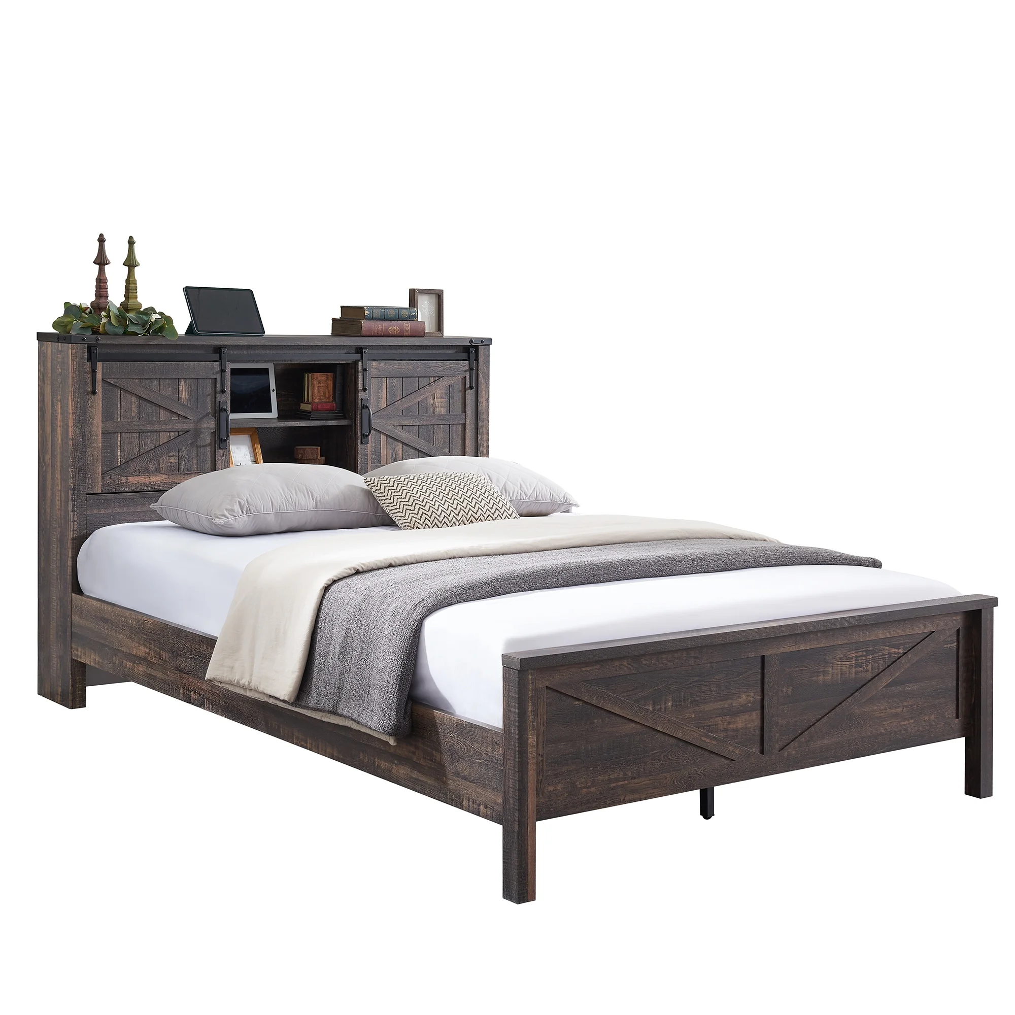 OKD Modern Farmhouse Full Platform Bed with Bookcase Headboard Storage and Charging Station, No Box Spring Needed, Anitique White Finish