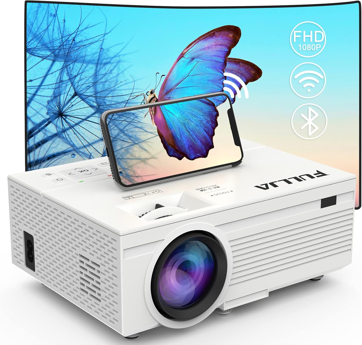FULLJA WiFi Bluetooth HD Mini Projector - 8500 Lumen 1080P Home Theater Movie Projector,Portable Outdoor Video Projector Compatible with HDMI/TV/PS4/USB/RCA /Laptop Smartphone