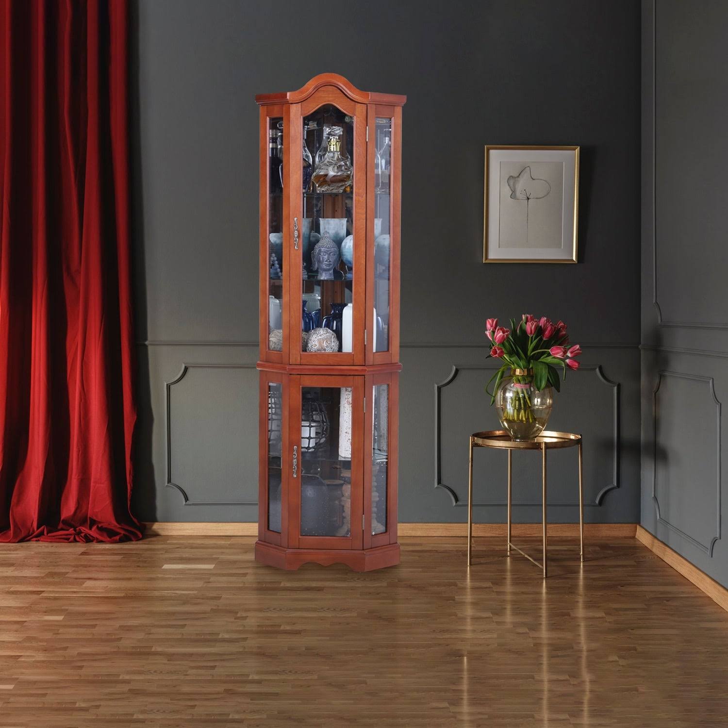 Phi Villa Lighted Corner Curio Display Cabinet - Brown