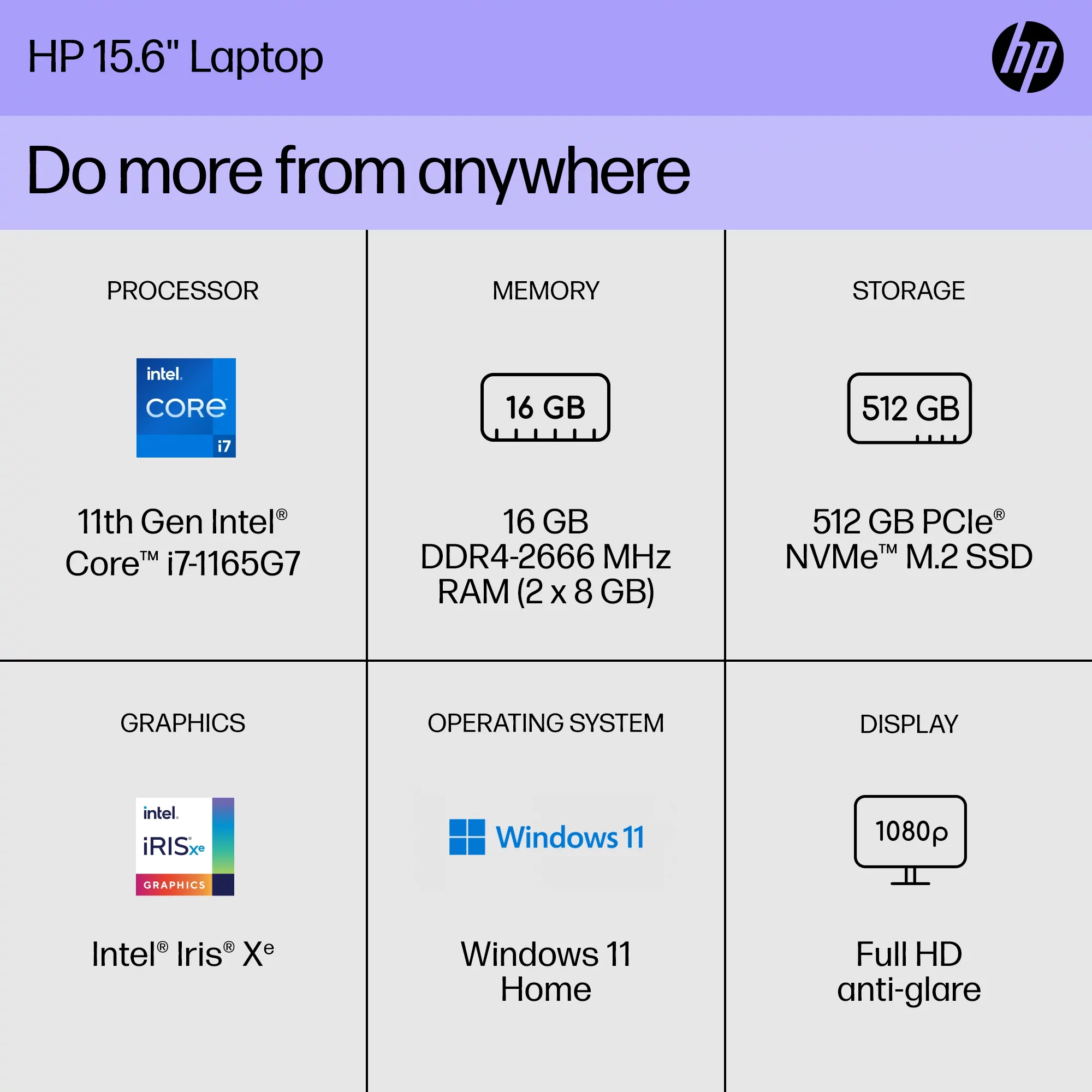 HP 15.6" FHD Laptop, Intel Core i7-1165G7, 16GB RAM, 512GB SSD, Spruce Blue, Windows 11 Home, 15-dy2762wm