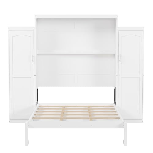 KLMM Wooden Murphy Bed Wall Bed with 2 Wardrobe and Storage Shelf,Foldable Platform Bedframe for Guest-Room Bedroom Study Office Use (White#E, Full)