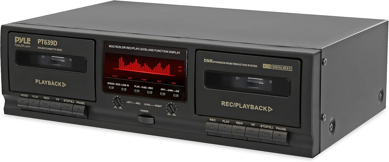 Pyle Dual Cassette Deck Stereo - Compact & Portable Hi-Fi Tape Recorder Player with Digital Professional Noise Reducing System, Automatic Recording, RCA Cables - Record & Play Audio/Music - PT639D