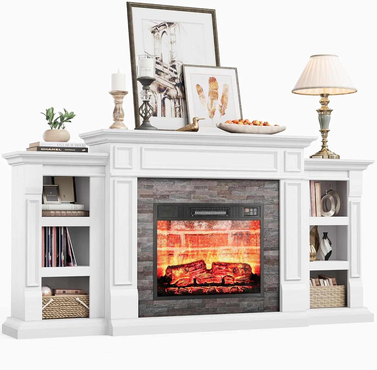 Relefree 70" Electric Fireplace with Mantel, Farmhouse TV Stand For TVs up to 80" with Remote Control, White - Curated Treasures Market