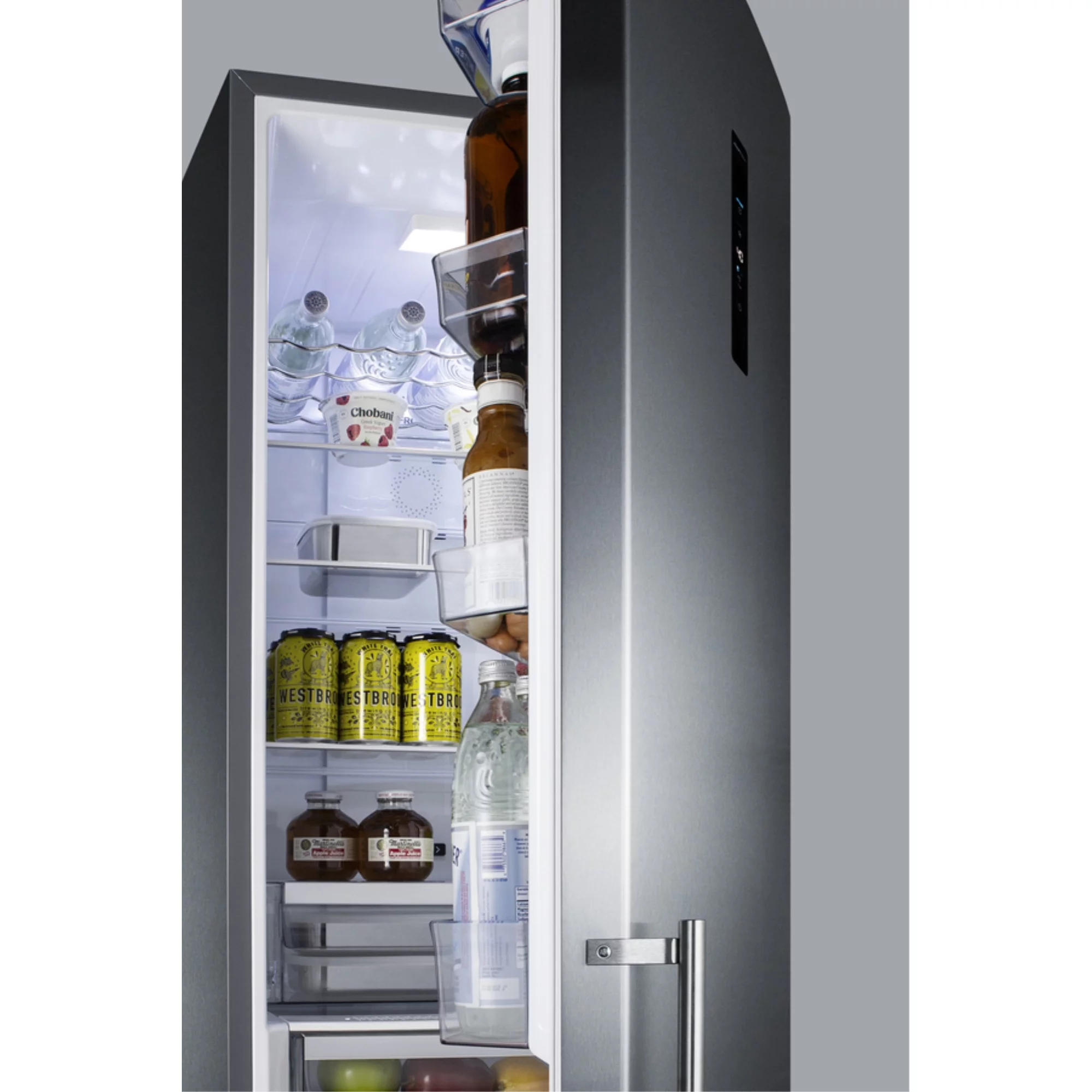 European counter depth bottom freezer refrigerator with icemaker, stainless steel doors, platinum cabinet, and digital controls for each section