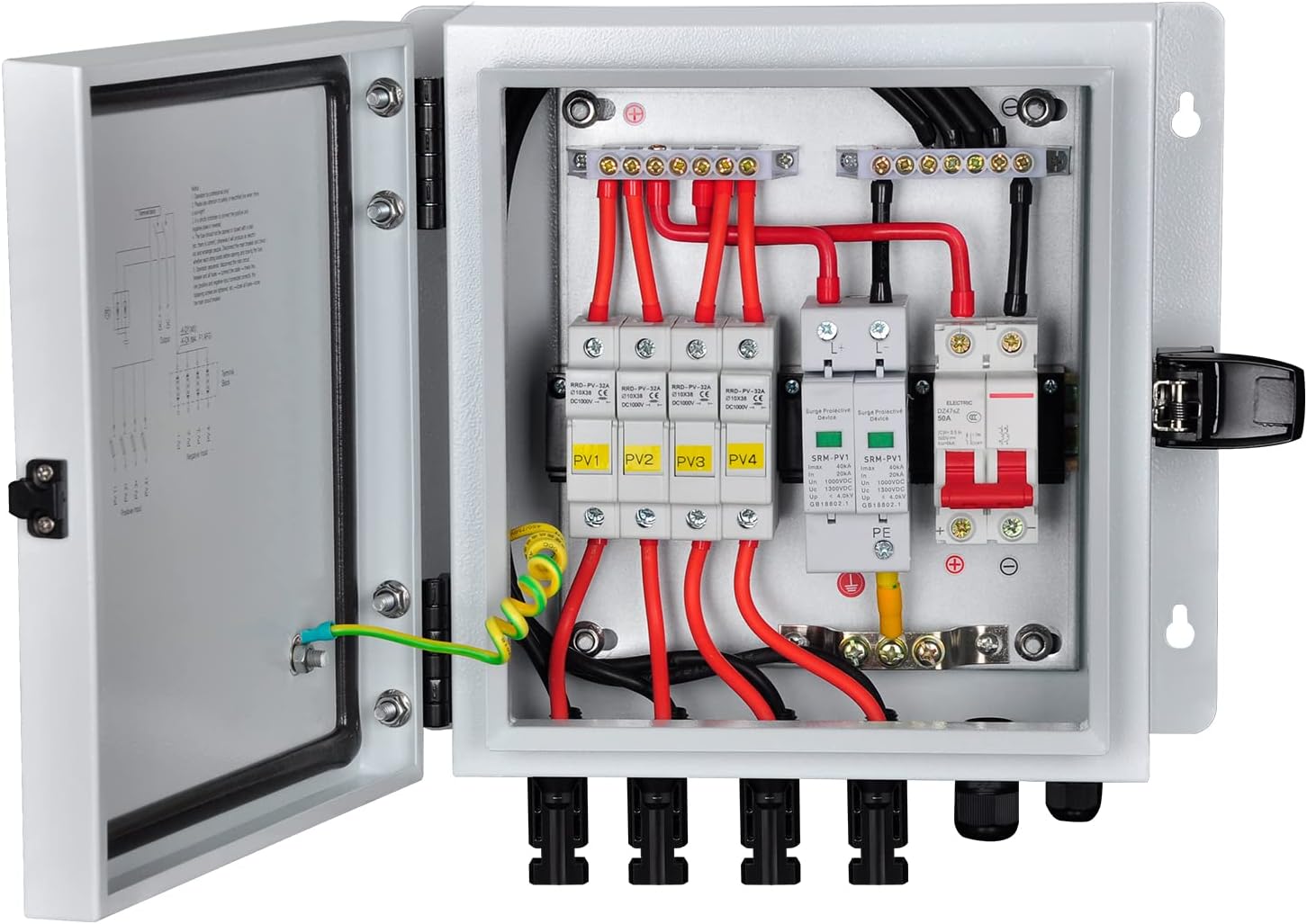 PowGrow PV Combiner Box, 6 String Solar Combiner Box with 15A Rated Current Fuse, Surge Protective Device and 63A Air Circuit Breaker for On/Off Grid Solar Panel System, Pre-Wired Cable, Metal Box