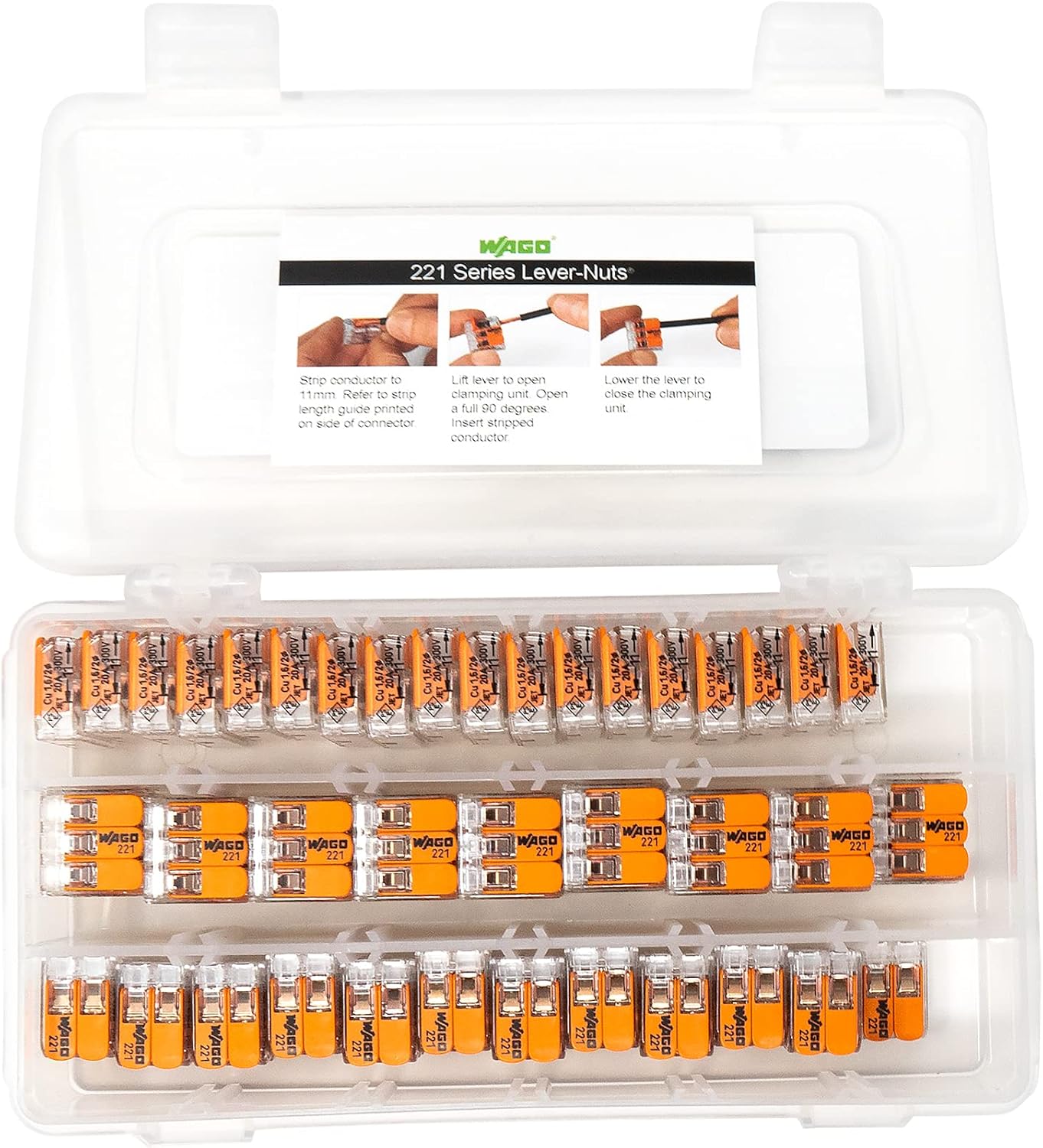 WAGO 221 LEVER-NUTS 78pc Compact Splicing Wire Connector Assortment with Case. Includes (34x) 221-412, (26x) 221-413, (18x) 221-415