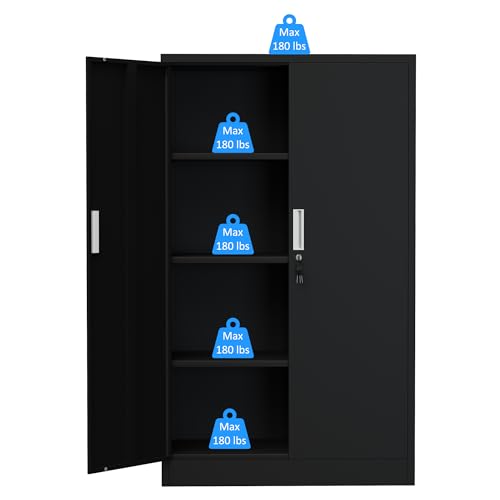 Metal Storage Cabinet with Locking Doors and Adjustable Shelves, 53.5-Inch Tall Lockable Storage Cabinets for Home Office Garage Kitchen Pantry (Black)