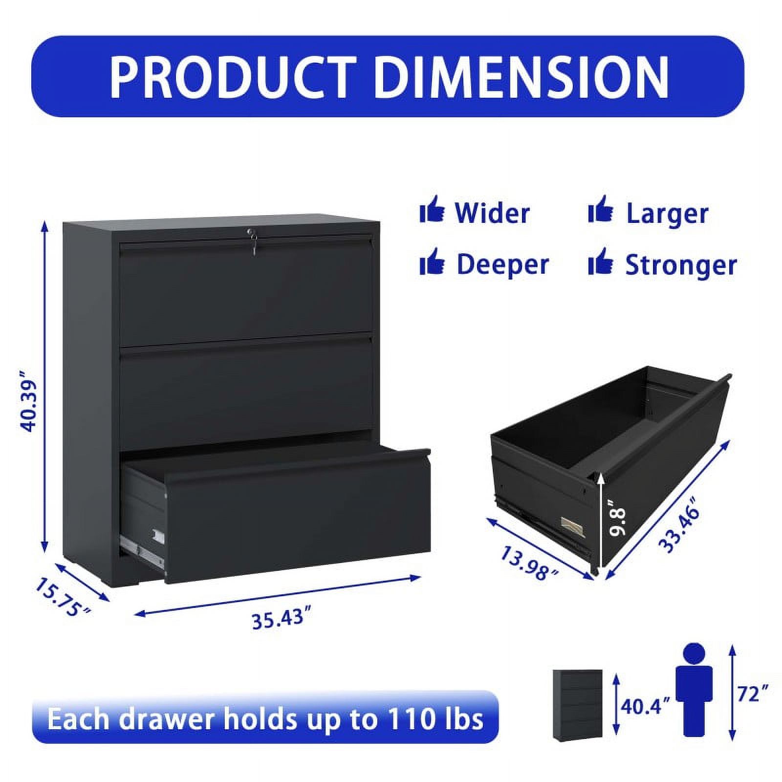 Lateral File Cabinet 3 Drawer, Black Filing Cabinet with Lock, Lockable File Cabinet for Home Office, Locking Metal File Cabinet for Legal/Letter/A4/F4 Size - Curated Treasures Market