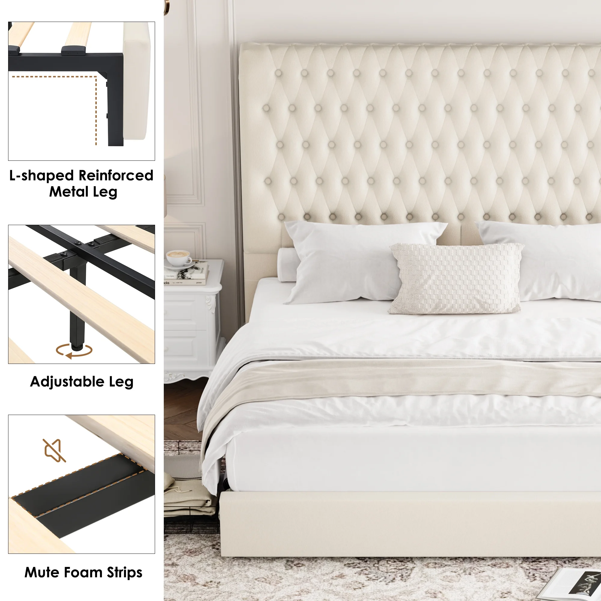 Homfa 54.7" Tall Headboard Bed Frame, Queen Size Storage Bed with Tall Headboard, Tall Upholstered Bed with Footboard and Drawers, Off-white