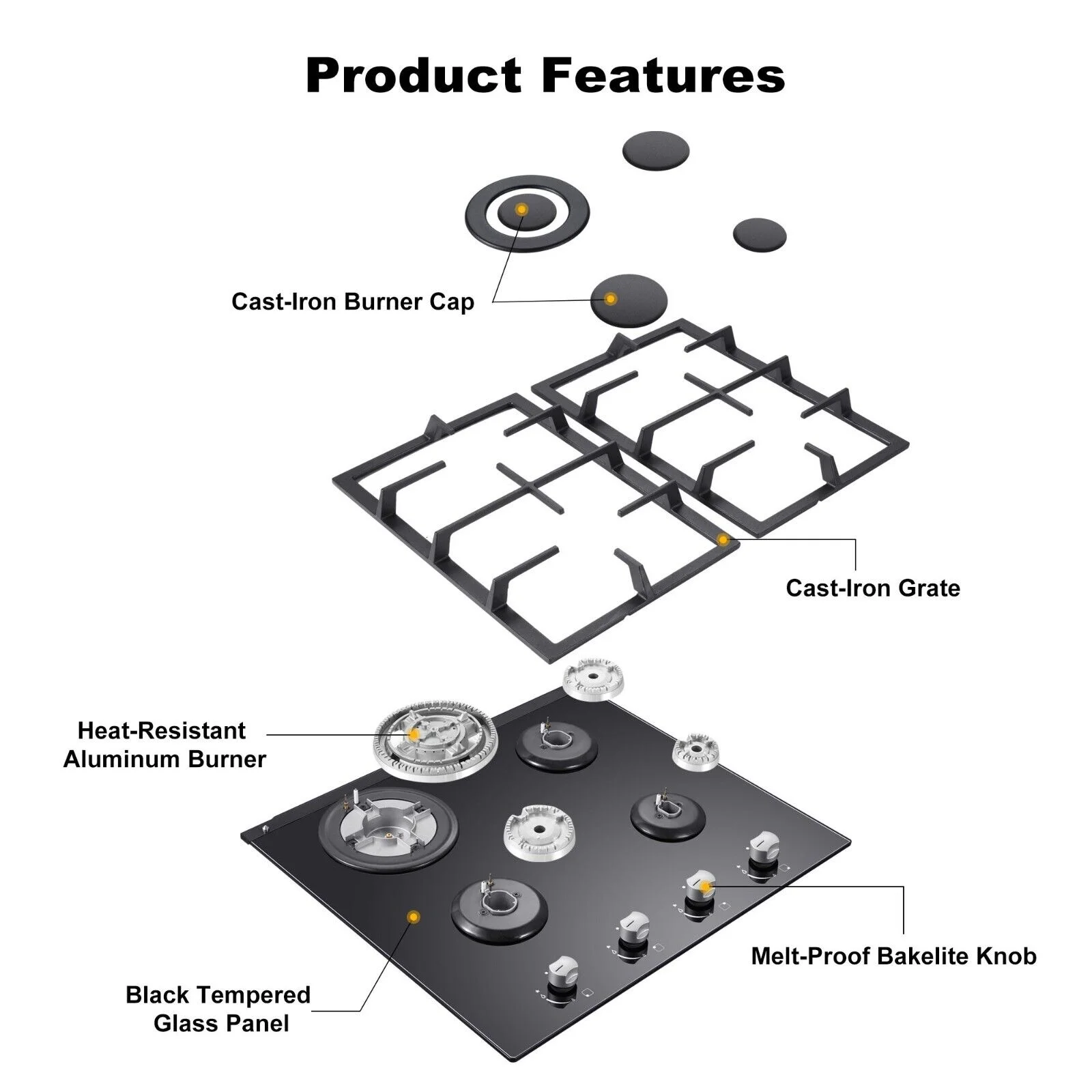 24 inch Built-in Gas Cooktop 4 Burners with Tempered Glass Dual Burners NG/LPG Convertible Countertop