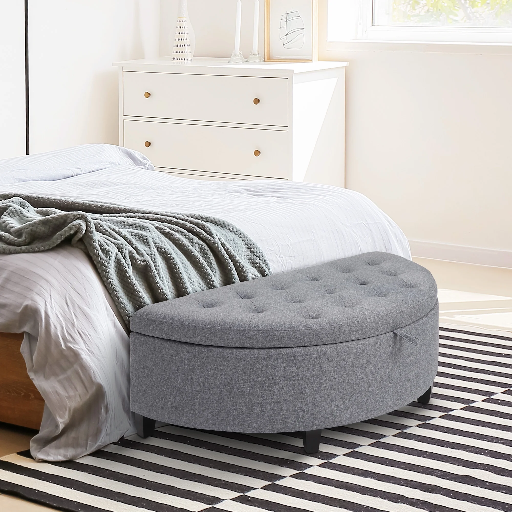HOMCOM Half Moon Storage Ottoman, Upholstered End of Bed Bench with Lift Lid and Wood Legs, Button Tufted Storage Bench for Living Room, Entryway or Bedroom, Gray