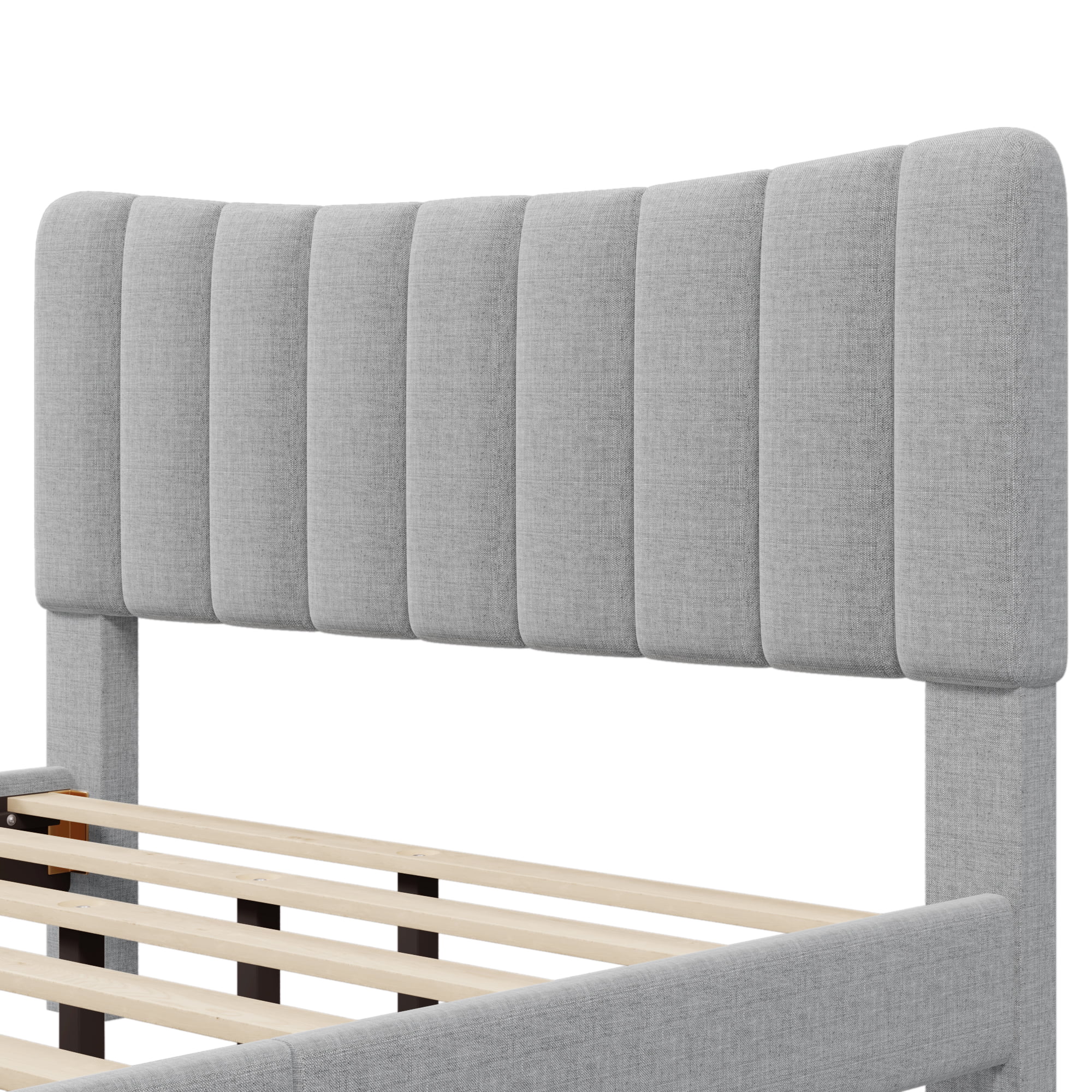 Queen Size Platform Bed Frame with Linen Vertical Channel Tufted Headboard and Wooden Slats Support, Fully Upholstered Mattress Foundation, No Box Spring Needed, Easy Assembly, Gray
