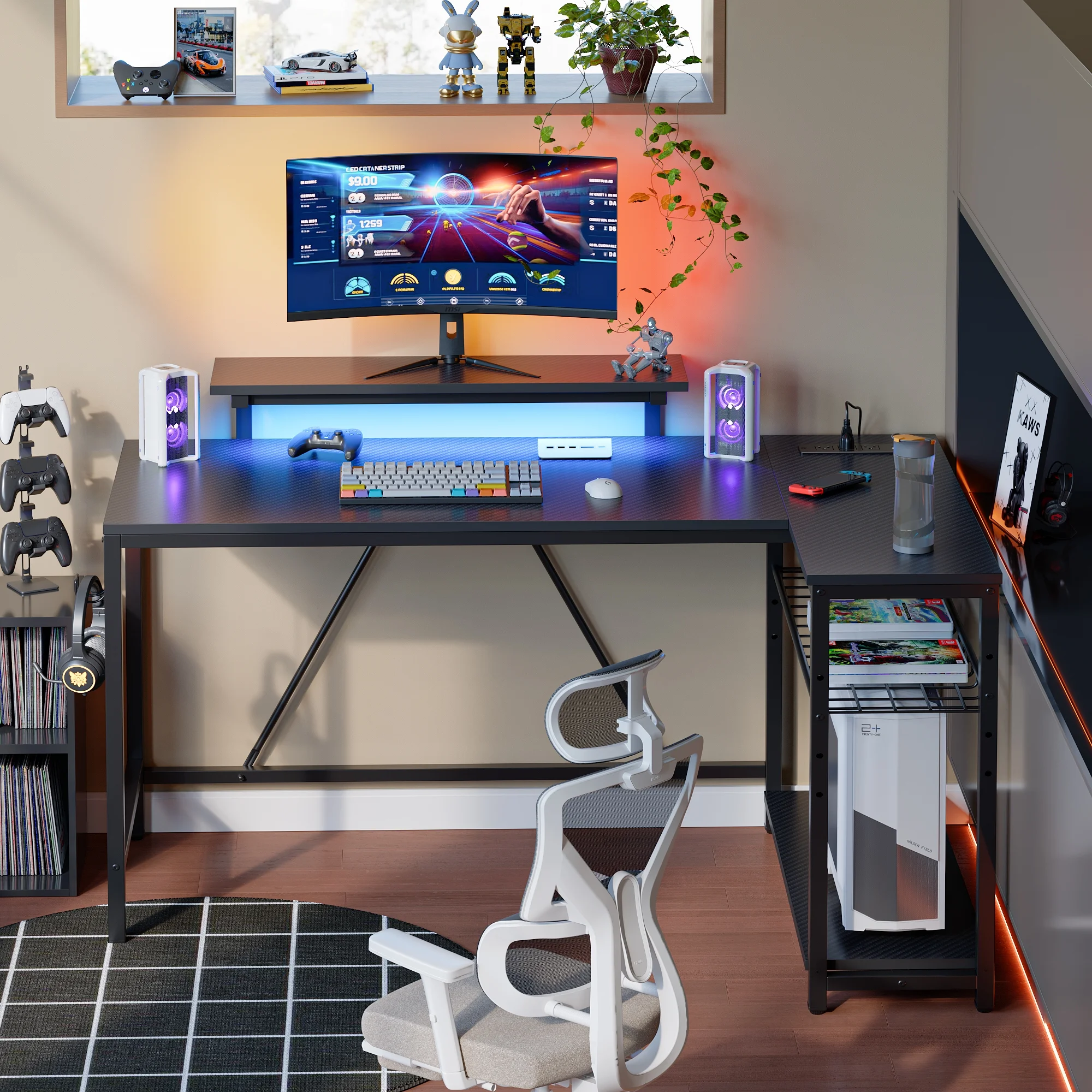 Bestier 52" Gaming Desk with LED Lights L Shaped Desk with Power Outlet & Monitor Stand Corner Computer Desk in Carbon Fiber