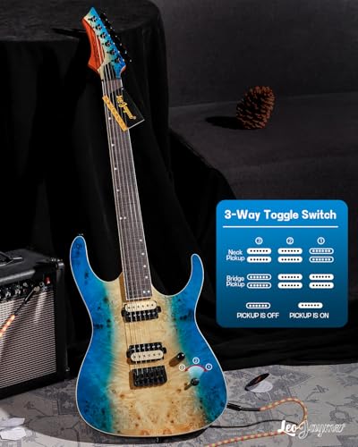 Leo Jaymz Electric Guitar Monsoon Series,Reverse Headstock,Mahogany Body,Roasted Maple Neck,Rosewood Fretboard,Locking Tuners,Rounded End Frets,AlnicoV Pickups,Fixed Bridge (Blue Flame)