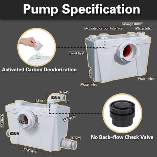 Macerator Sewerage Sump Pump with 4 Water Inlets for Toilet, Basement, Kitchen, Sink, Shower, Bathtub Waste Water Disposal Upflush Toilet System