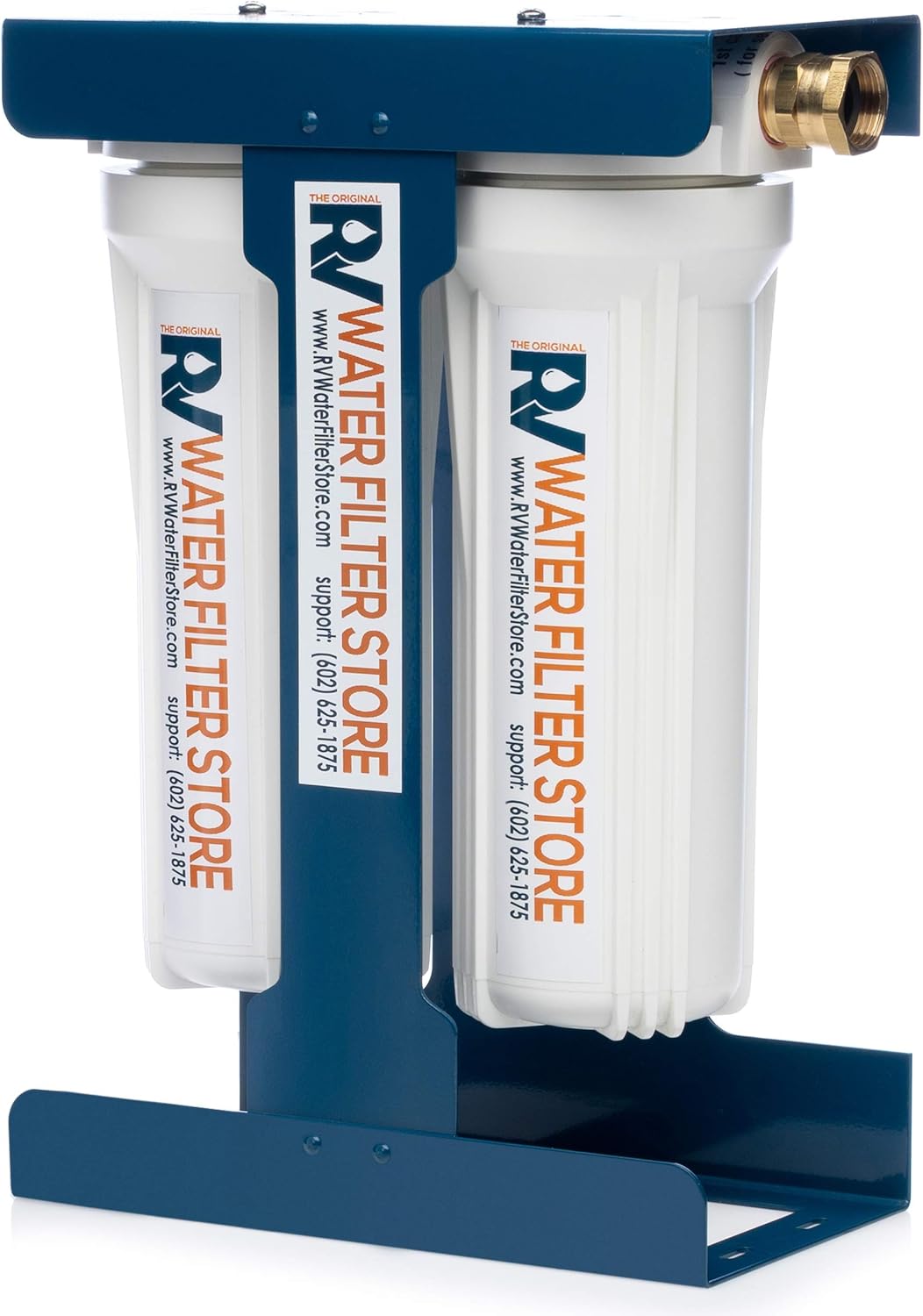 RV Water Filter Store Essential RV Water Filter System with Universal Blue Cage Mounting Bracket and Brass Hose Fittings + Warranty