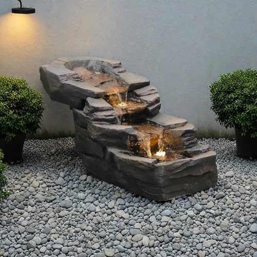 37" L Garden Outdoor Water Fountain, Floor Standing 5-Tiers Rock Natural Waterfall Outdoor Fountains with LED Lights for Patio, Porch, Home Art Decor