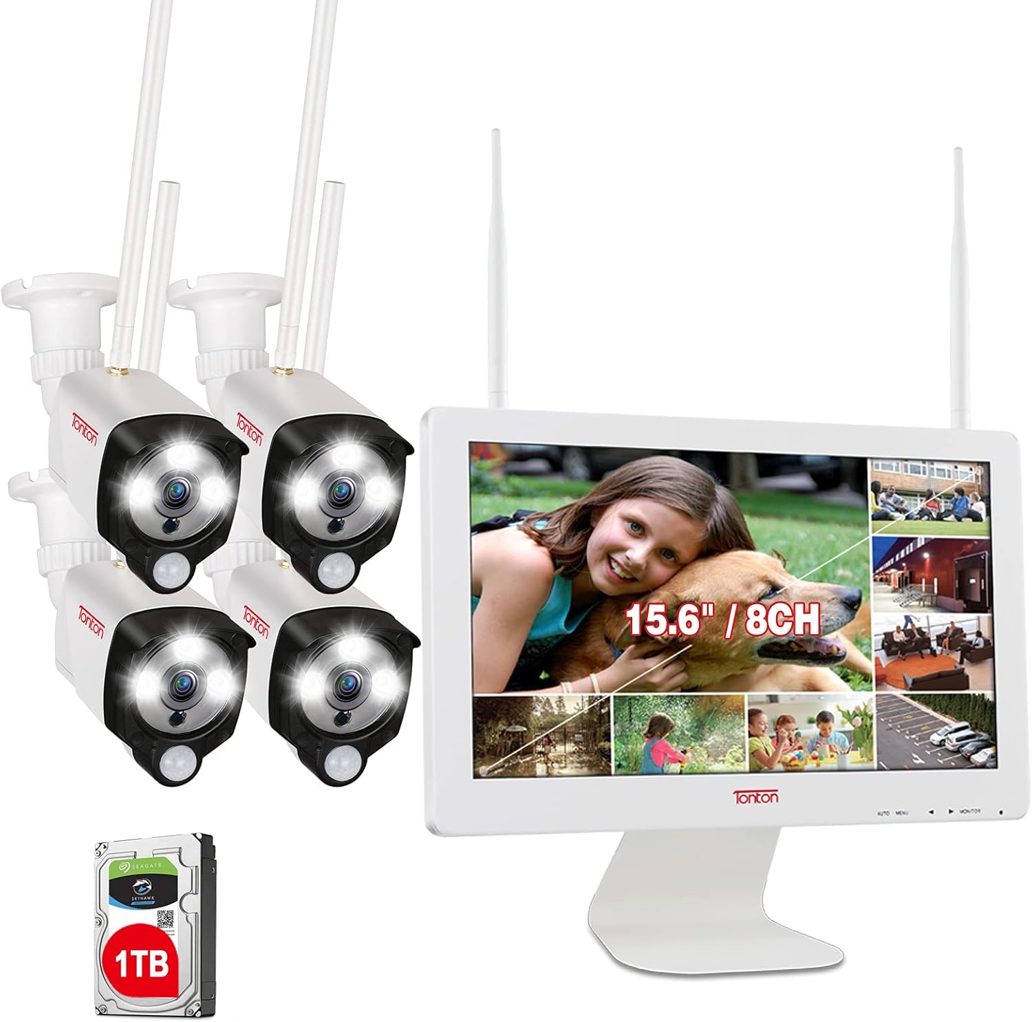[2K&2 Way Audio&Thermal Detection] Tonton Wireless All-in-One Ultra HD Security Camera System with 16 Inch Monitor, 8CH NVR with 1TB HDD,4PCS 3MP Outdoor Bullet IP Cameras,Plug and Play