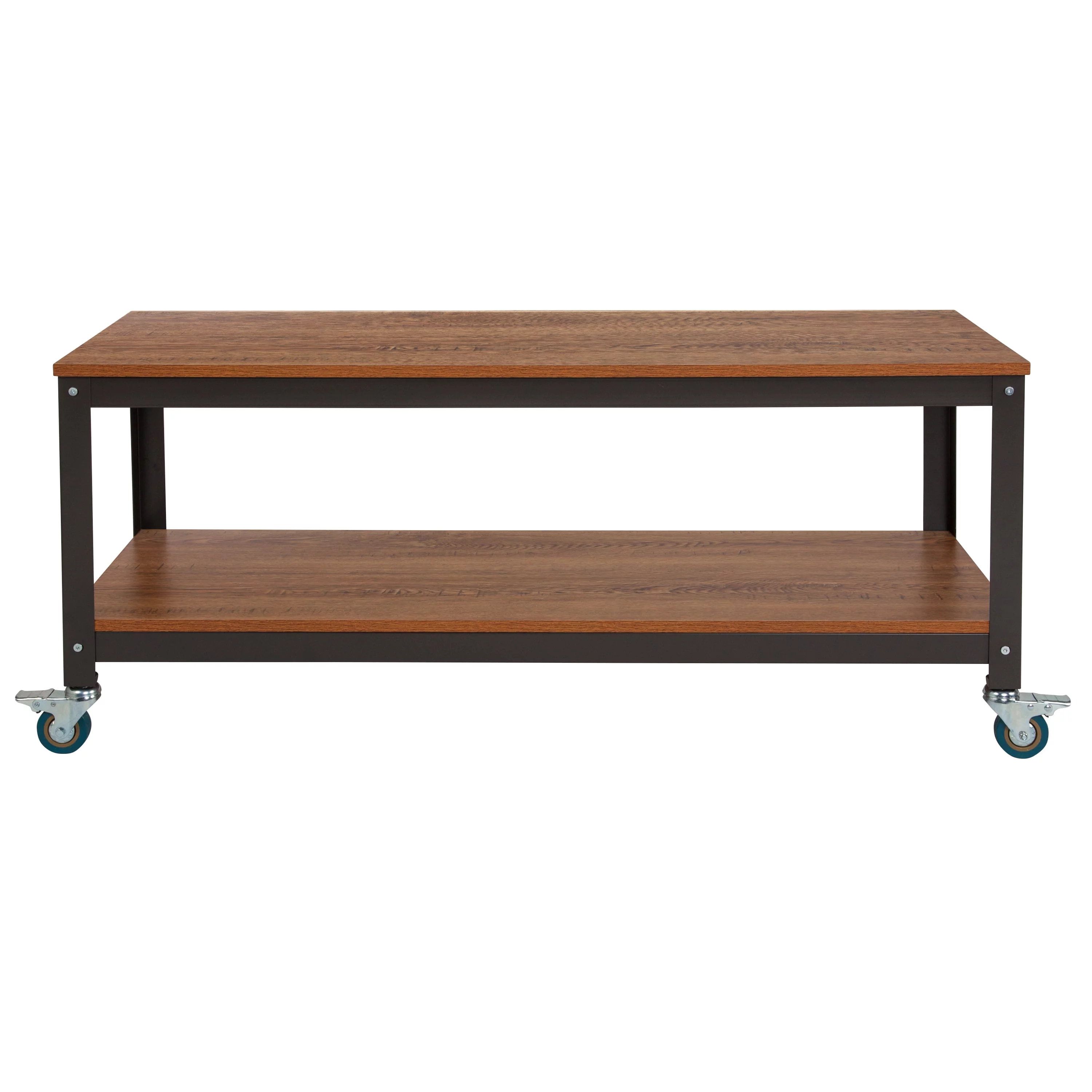 Flash Furniture Livingston Collection TV Stand in Brown Oak Wood Grain Finish with Metal Wheels