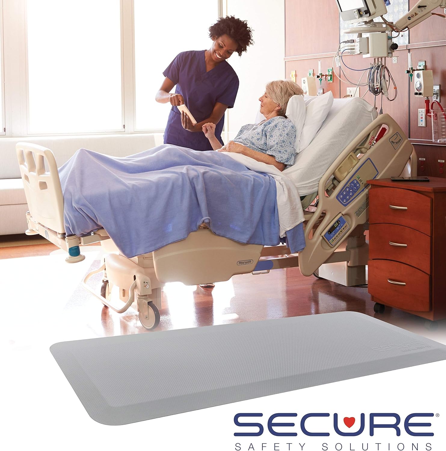 Secure FlatPad Bedside Fall Protection Safety Floor Mat with Beveled Edges - Elderly Seniors Handicap Injury Prevention and Caregiver Anti Fatigue Pad - Waterproof Non Slip Cover (70" x 24" x 1")
