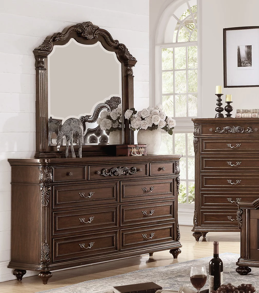 Luxurious 4pcs Bedroom Furniture Tufted HB Panel Eastern King Bed Dresser Mirror Nightstand Brown