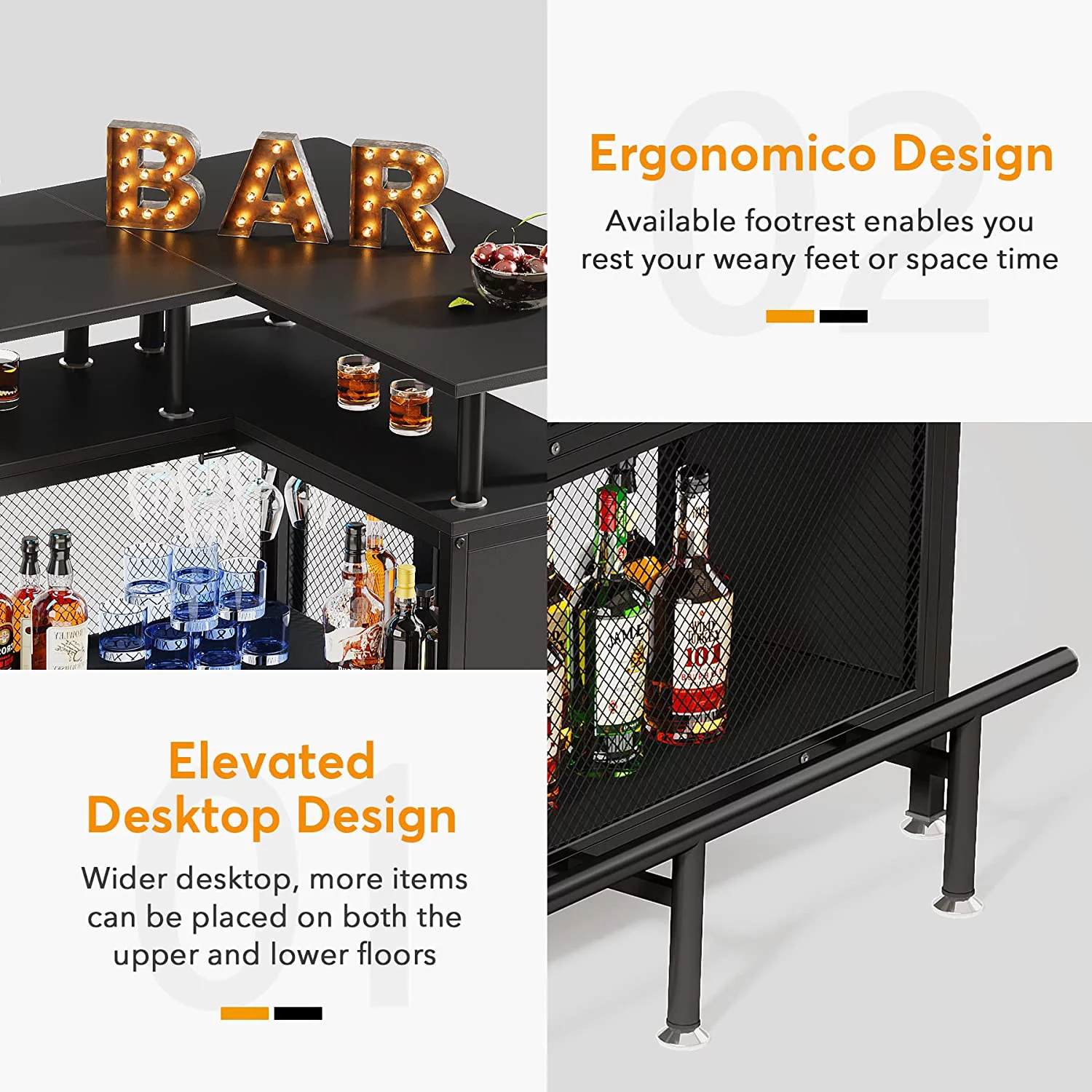 Tribesigns L-Shaped Home Bar Unit, Liquor Bar Table with 4 Stemware Racks and 2-Tier Shelves, Footrest for Home/Kitchen/Bar/Pub, Bar Table, Black