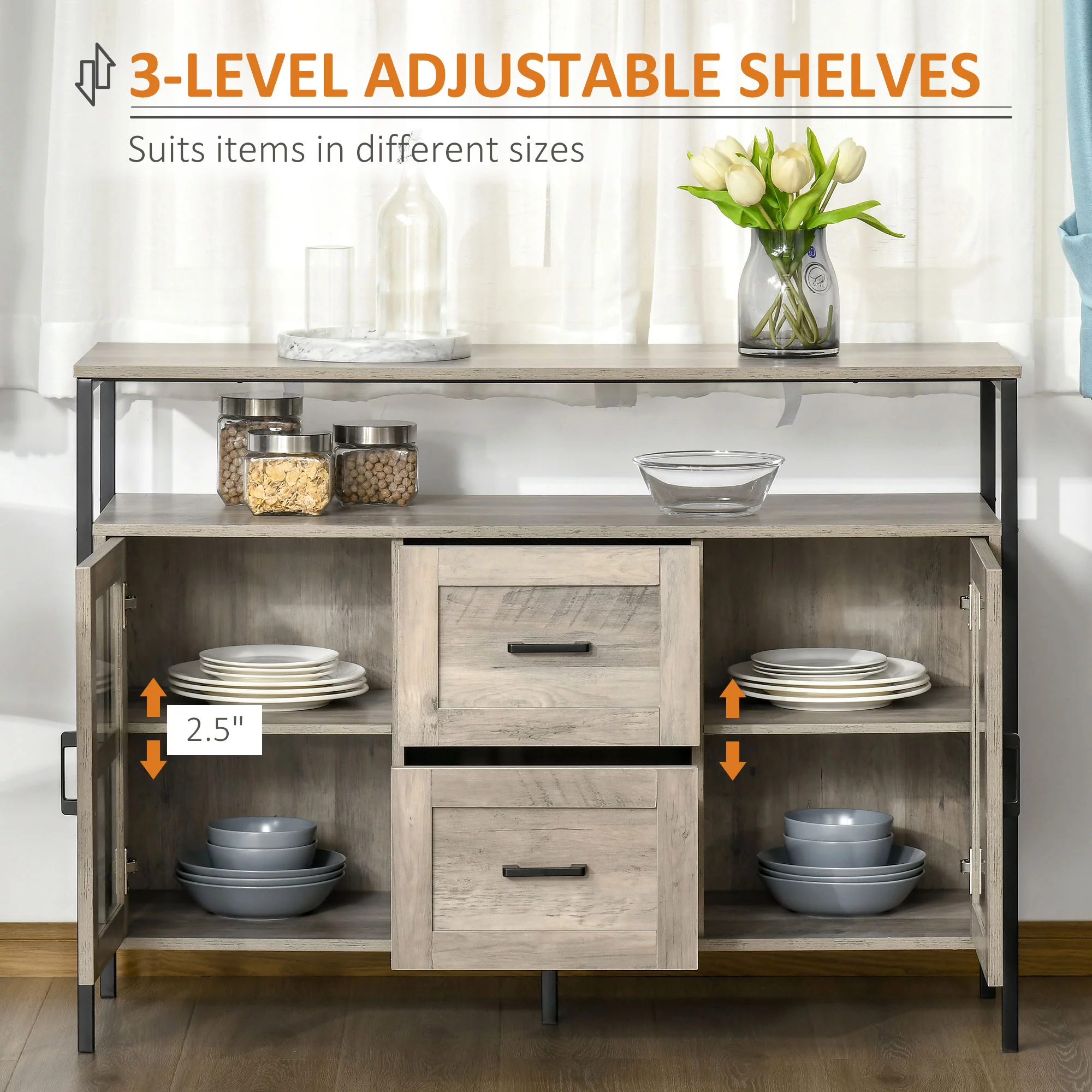 HOMCOM Industrial Sideboard Buffet Cabinet, Kitchen Cabinet, Coffee Bar Cabinet with Adjustable Shelves, Glass Doors, and 2 Drawers for Living Room, Gray