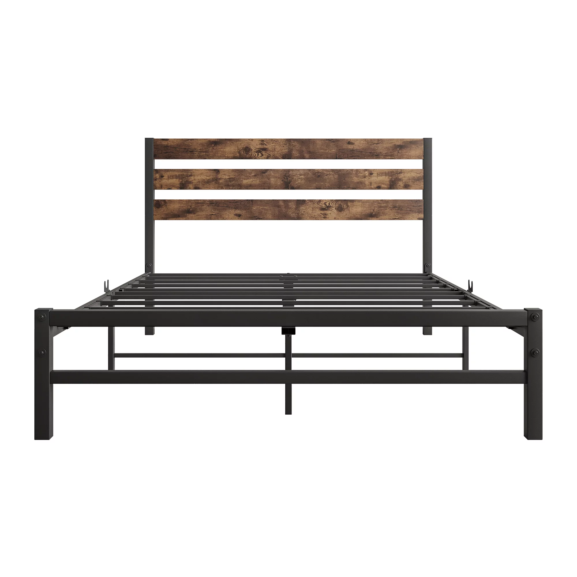 Gewnee Full Size Platform Bed Frame with Wood headboard, Rustic Country Style Mattress Foundation,Brown