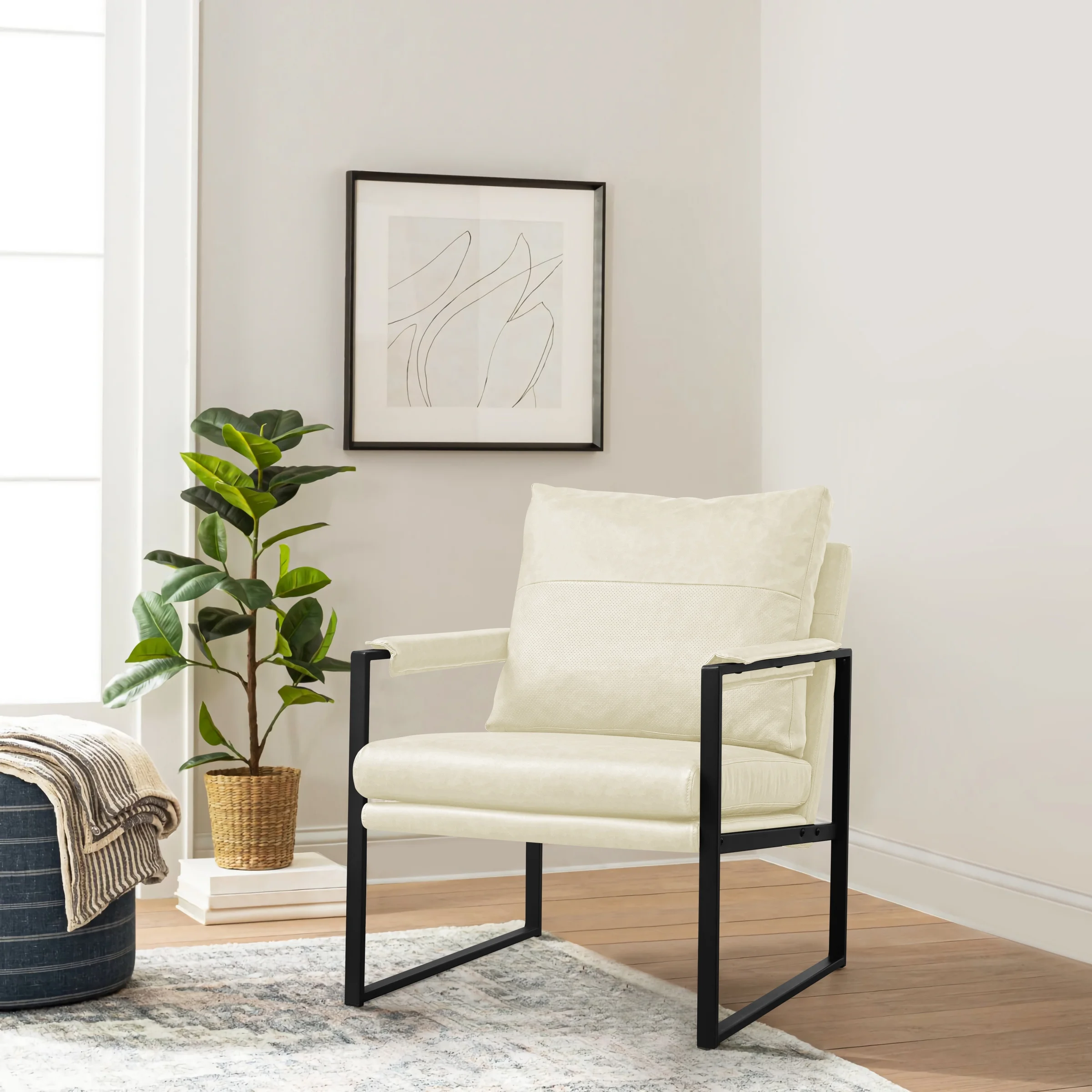 Subrtex Upholstered Modern Accent Chair with Metal Frame, Cream PU Leather