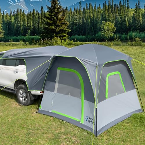 JOYTUTUS Dual-Use SUV Tent, SUV Camping Tent with Rainfly, Movie Screen and Four Steel Frame Poles, SUV Tailgate Tent with Awning Shade, Car Roof Canopy for SUV CUV Van