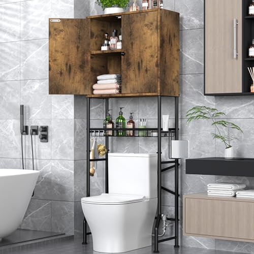 Over The Toilet Storage Cabinet - 2-Door Design Bathroom Organizers Shelf, Freestanding Space-Saver Above Toilet Storage Cabinet with Privacy Protection Rack, Water-Resistant Toilet Shelves (White)