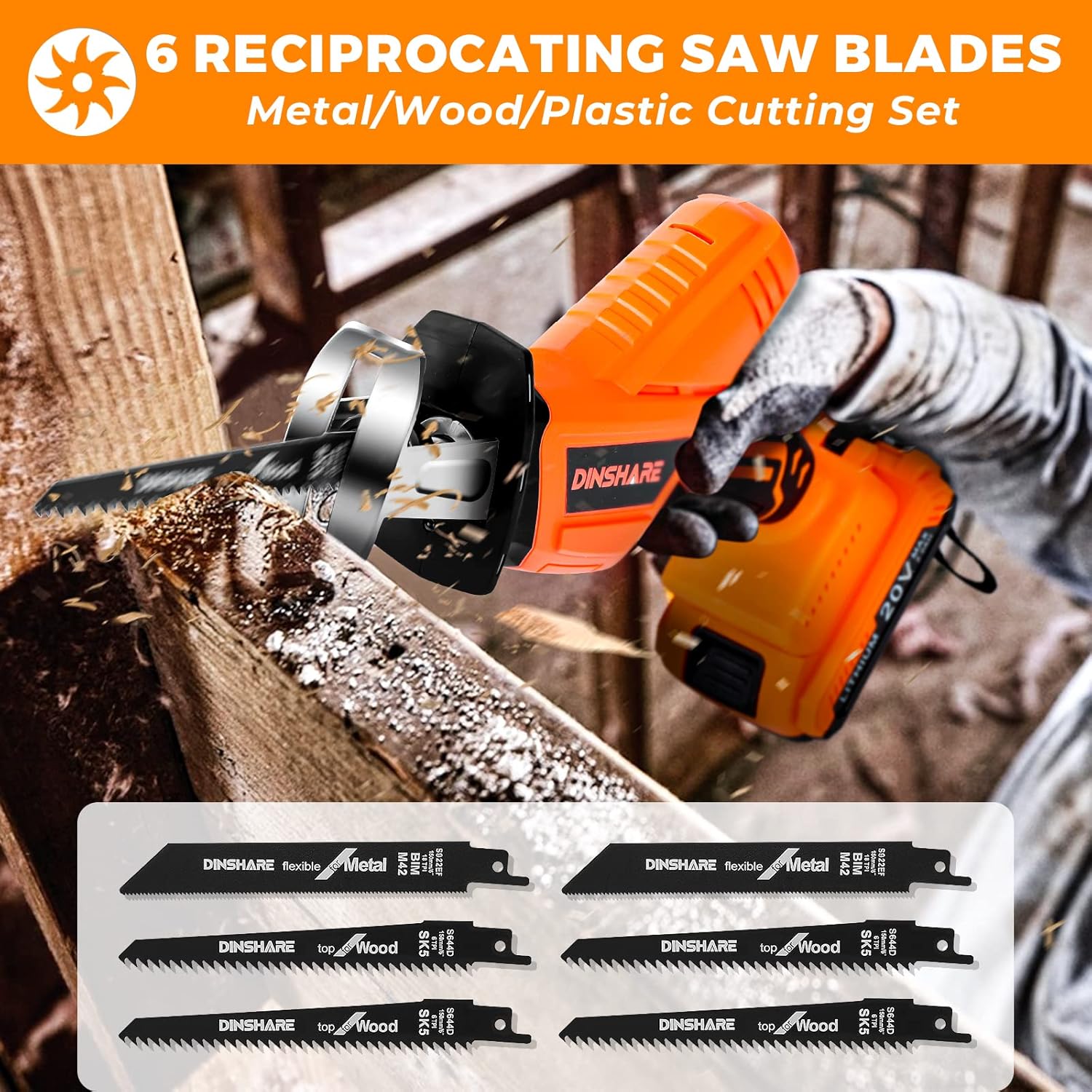 Cordless Reciprocating Saw - 20V 2.0Ah Powerful Reciprocating Saw w/High Efficient Cutting, 45 Mins Fast Charger, 6 Saw Blades, Tool-free Blade Change, Reciprocating Saw for Metal/Wood/PVC Pipe/Tree Pack of 2