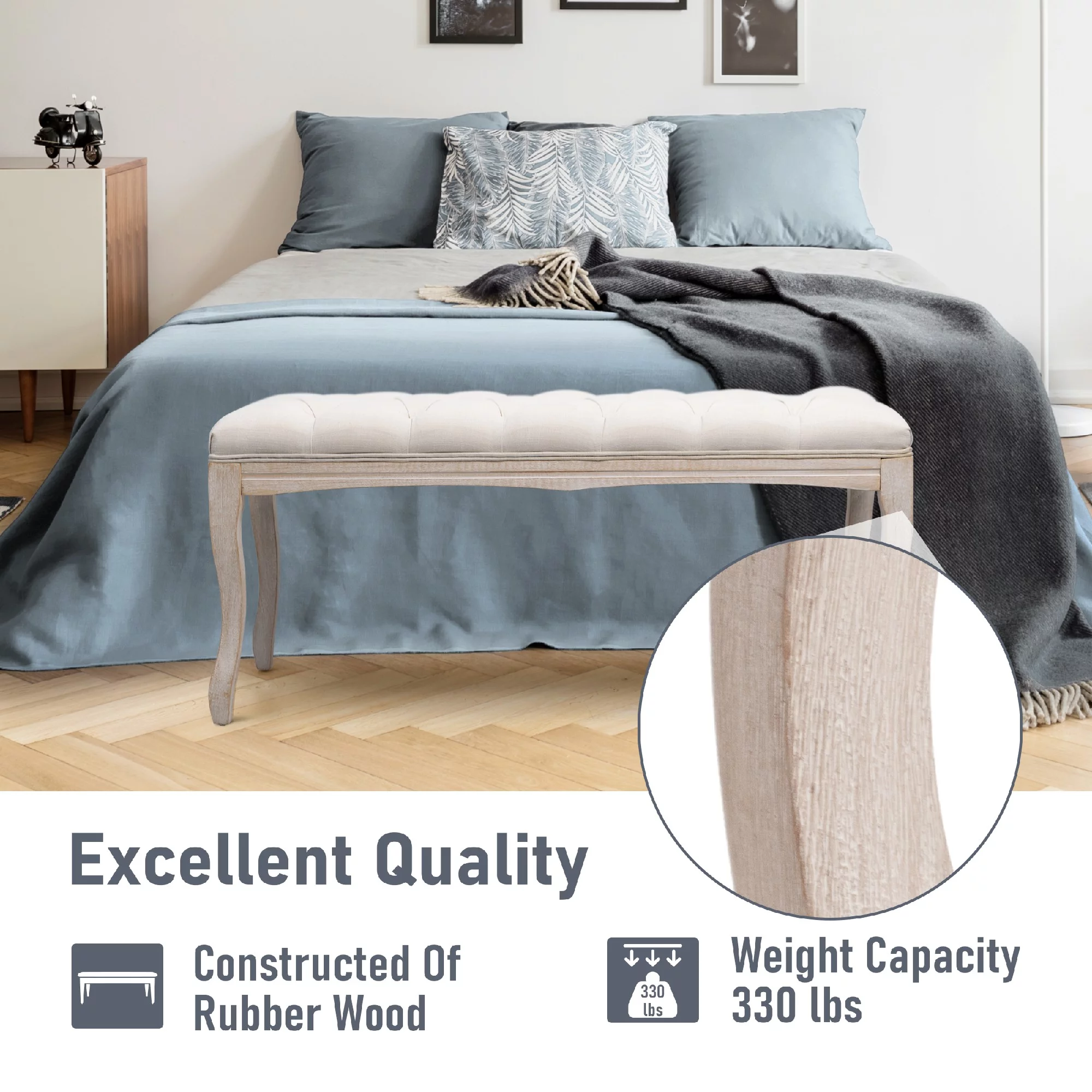 Pellebant Upholstered Tufted Bed Bench, Wood Ottoman Rectangular Footrest,Beige