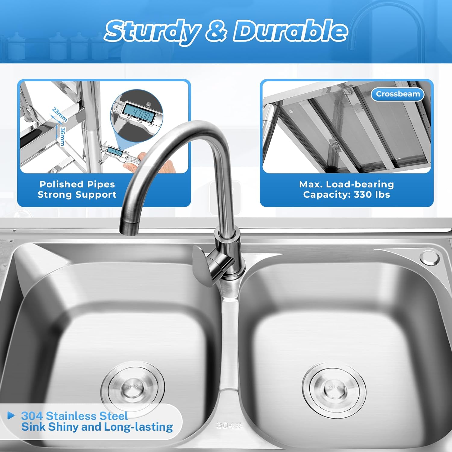 Commercial Stainless Steel Sink Free Standing Utility Sink 2 Compartment Commercial Restaurant Kitchen Sink w/Workbench Outdoor Utility Sink for Garage Restaurant Kitchen 47.2x17.5x31.5in