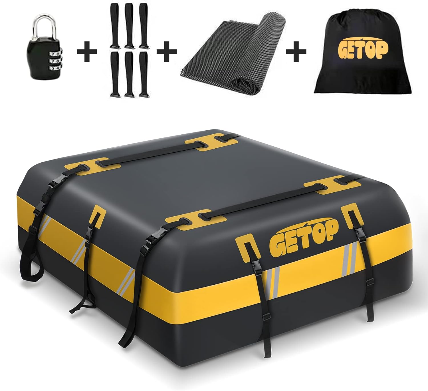 21 Cubic Feet Rooftop Cargo Carrier Bag Waterproof,GETOP 730D Car Roof Bag Heavy-Duty Soft-Shell for All Car with/Without Rack,with Non-Slip Mat, 6 Door Hooks，Lock，Storage Bag(Red)