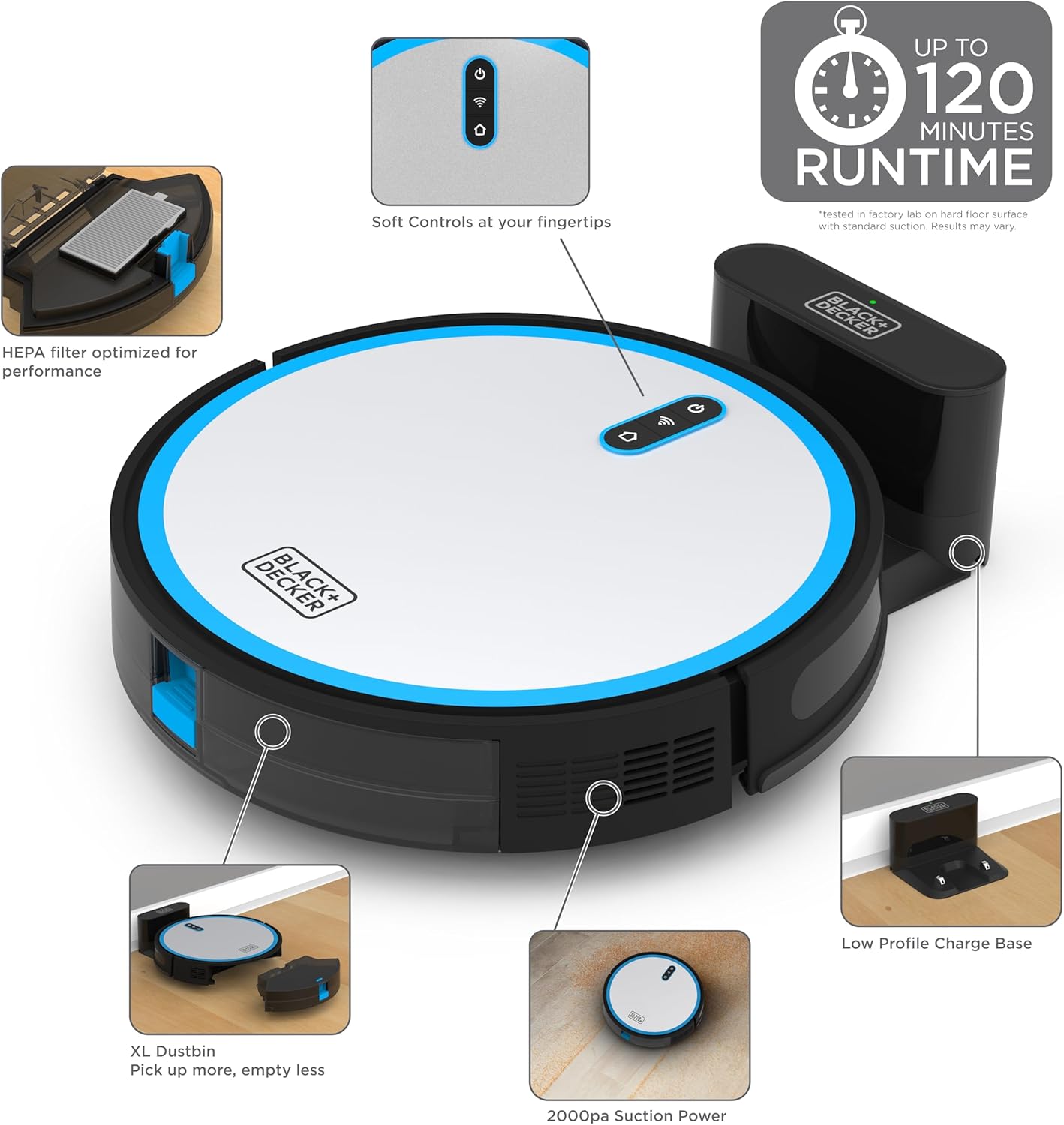 BLACK+DECKER Roboseries Robot Vacuum - 2000Pa Suction, Smart Mapping, App & Remote Control, 120 Min Runtime, Self-Charging, Works with Alexa, Perfect for Hard Floors, Carpets, Pet Hair, Low Carpet