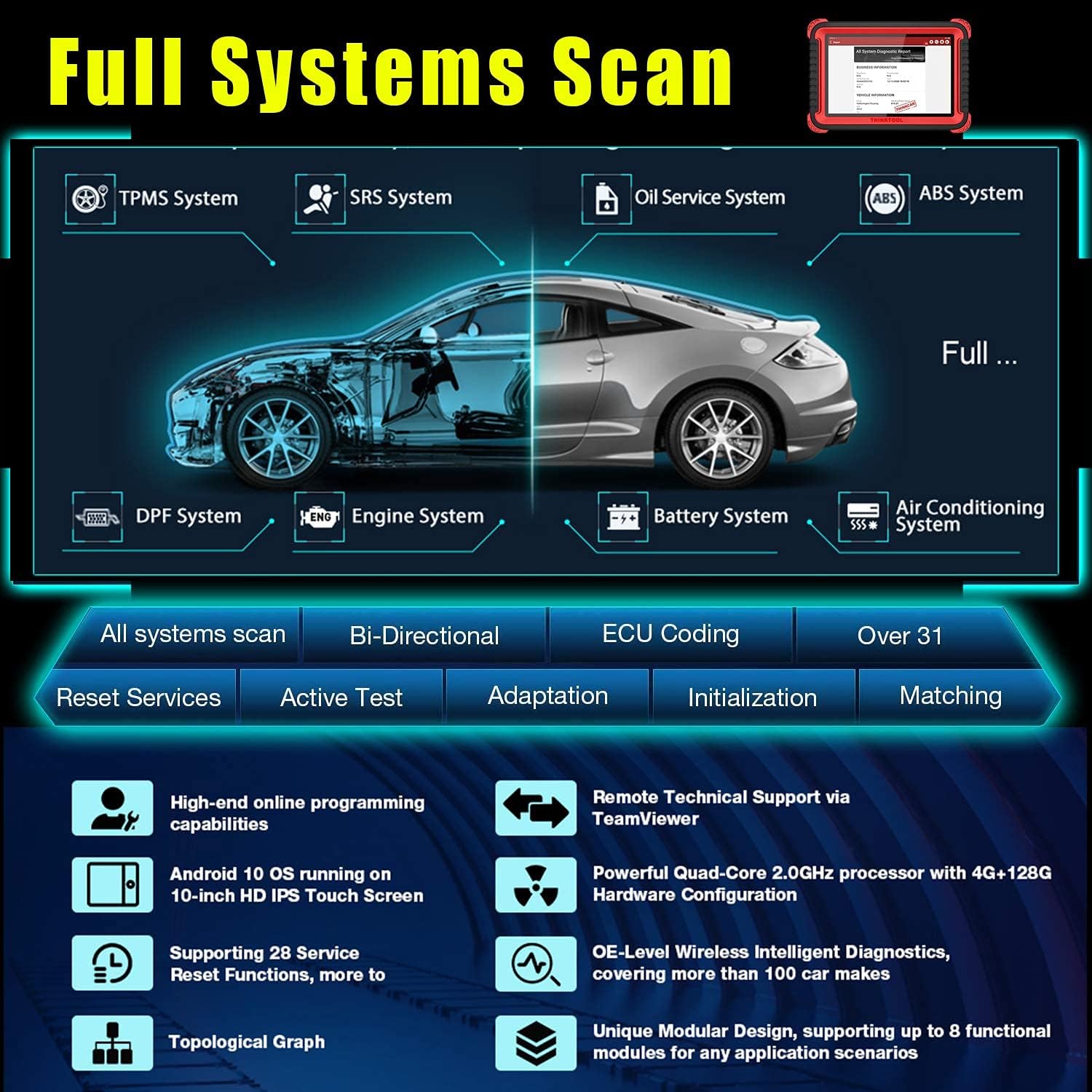thinkcar THINKTOOL PRO Bi-Directional OBD2 Scanner Full Systems Diagnostic Scan Tool,31+ Reset Functions Key Matching, Variant Coding, AutoAuth for FCA SGW, 2 Years Free Update