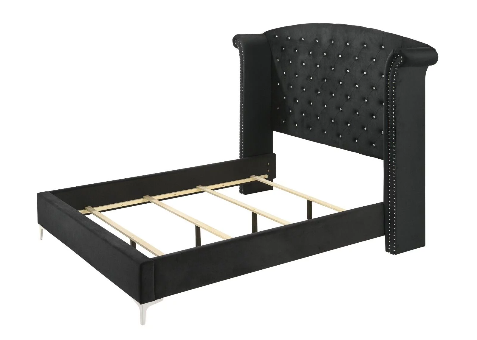 Modern Glamourous 6pc King Size Bed Dresser Mirror Nightstands Chest Bedroom Set Black Velvet Upholstery Furniture