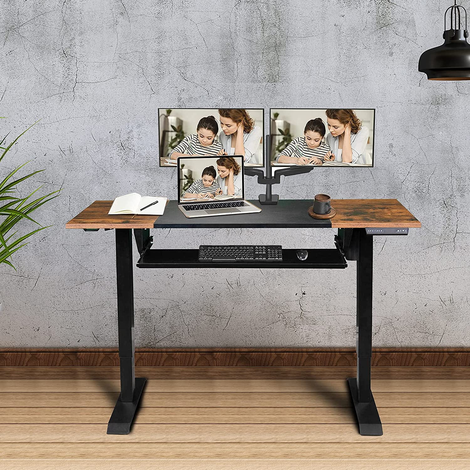 48"x24" Home Office Electric Height Adjustable Standing Desk Sit Stand Computer Workstation w/Drawers, Hook, Memory Preset, T-Shaped Metal Bracket, Splice Board, Black, Rustic Brown