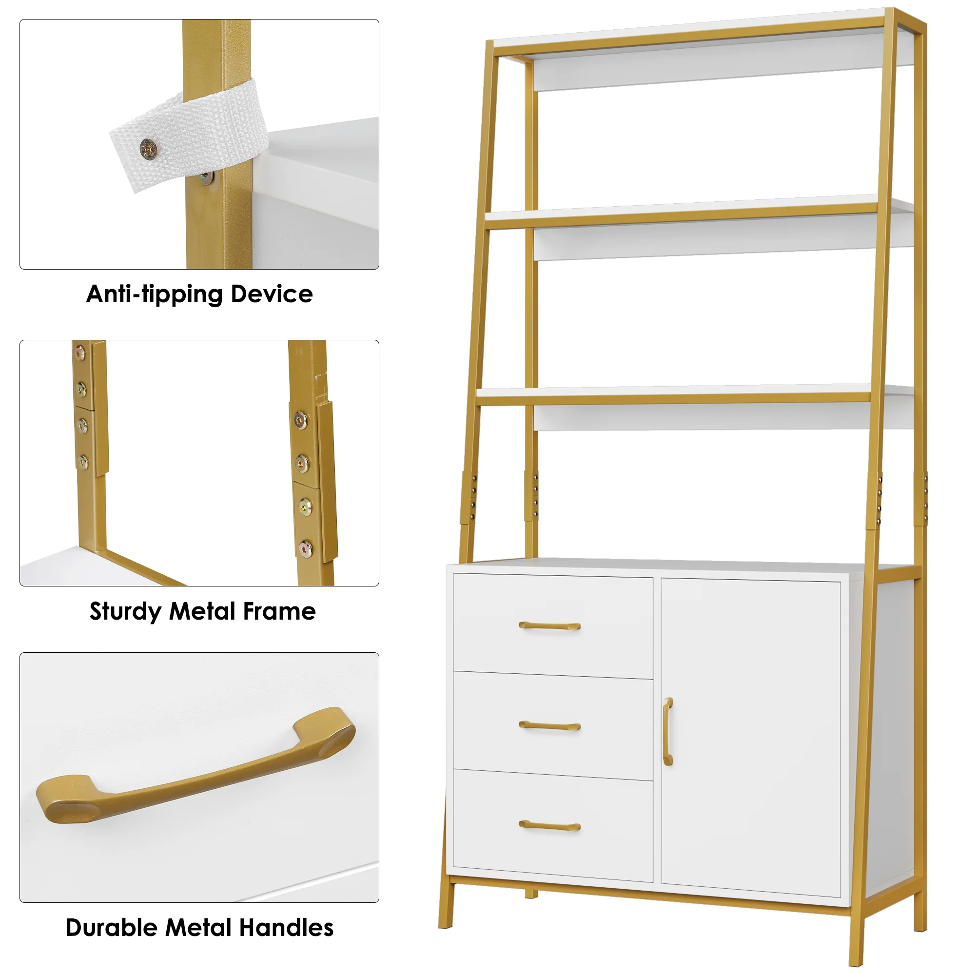 Homfa 3 Tier Display Storage Shelves with 3 Drawers, Gold Metal Frame Bookshelf for Living room, White Finish