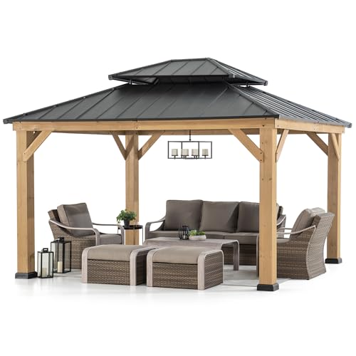 Sunjoy Wood Gazebo with Double Steel Hardtop Roof for Garden, Backyard Shade