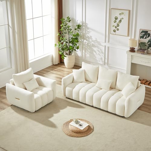 2 Piece Teddy Cloud Sofa Couch Set, Modern Deep Seat 3 Seater Boucle Sofa & Single Sofa Chair, Cozy Upholstered Sherpa Living Room Furniture Set for Apartment Office, Black