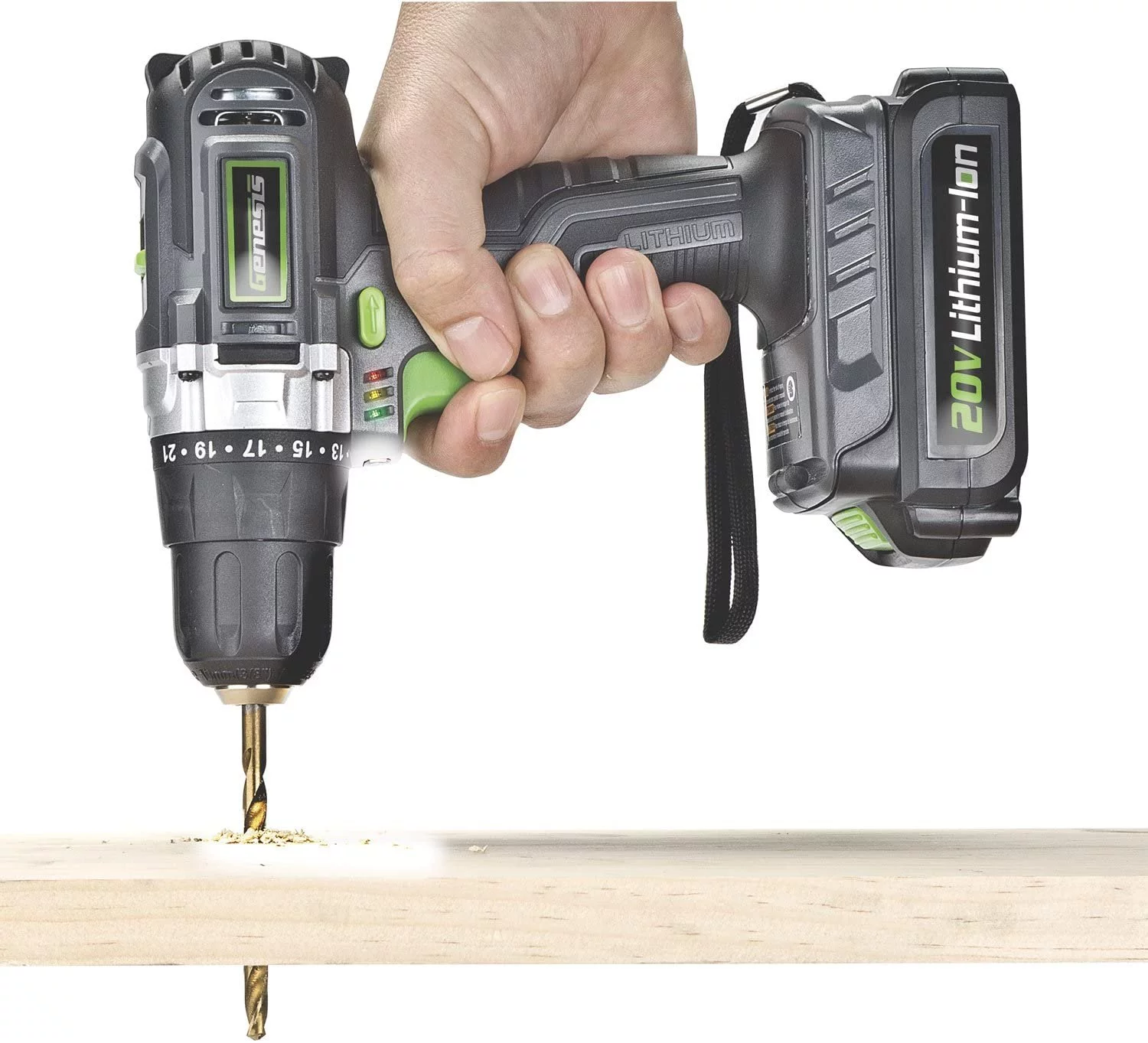 Genesis GLCD2038A 20V Lithium-ion Battery-Powered Cordless Variable Speed Drill Driver with 3/8" Chuck, Built-In LED Work Light, 20V Battery, Charger and Double-Ended Screwdriver Bit, Grey/Black/Green - Curated Treasures Market