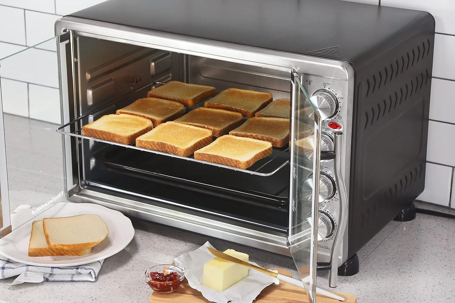 French Door 47.5Qt, 18-Slice Convection Oven 4-Control Knobs, Bake Broil Toast Rotisserie Keep Warm, Includes 2 x 14" Pizza Racks,