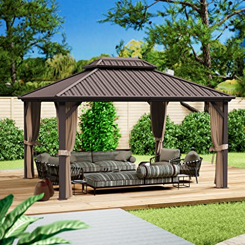 Kozyard Caesar 10'x10' Hardtop Gazebo - Permanent Metal Pavilion with Netting and Shaded Curtains for Patio, Backyard, and Deck - Galvanized Steel Outdoor Aluminum Canopy, Double Roof Gazebo (Grey)