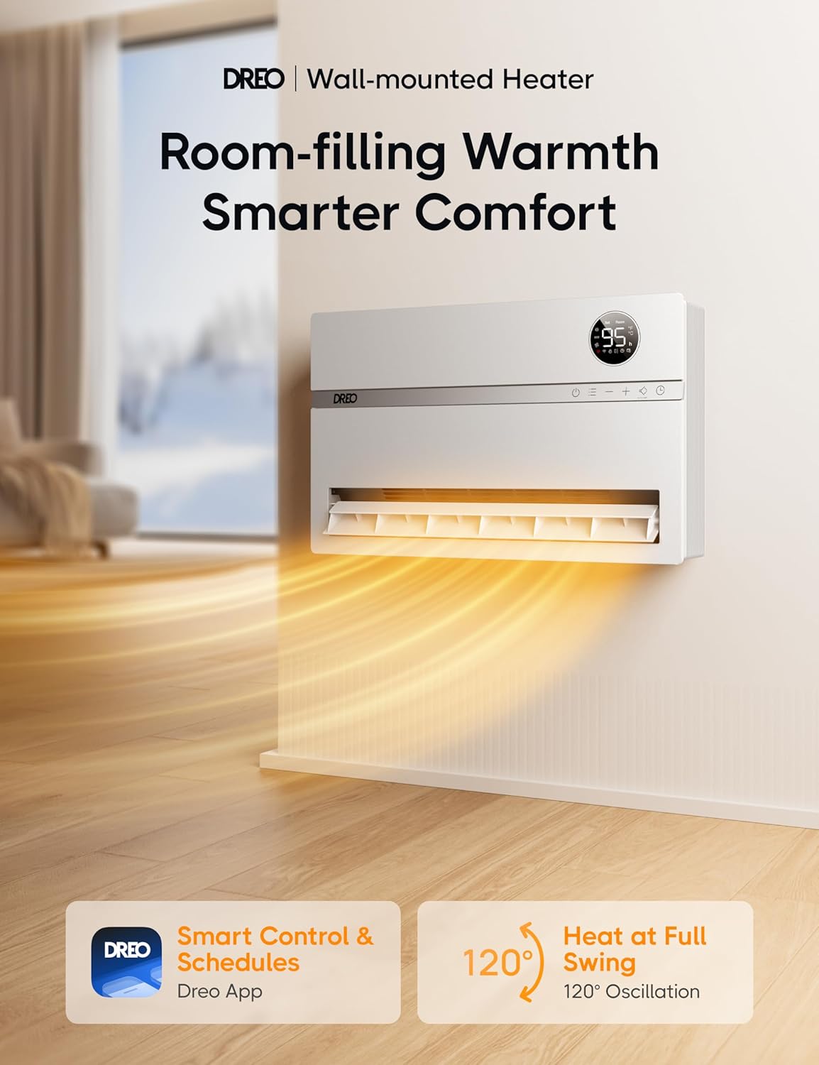 Dreo Wall Heater for Bathroom, Smart Space Heaters with ALCI Plug, 1500W & Smart Wall Heater, Electric Space Heater for Bedroom 1500W, 120° Vertical Oscillation