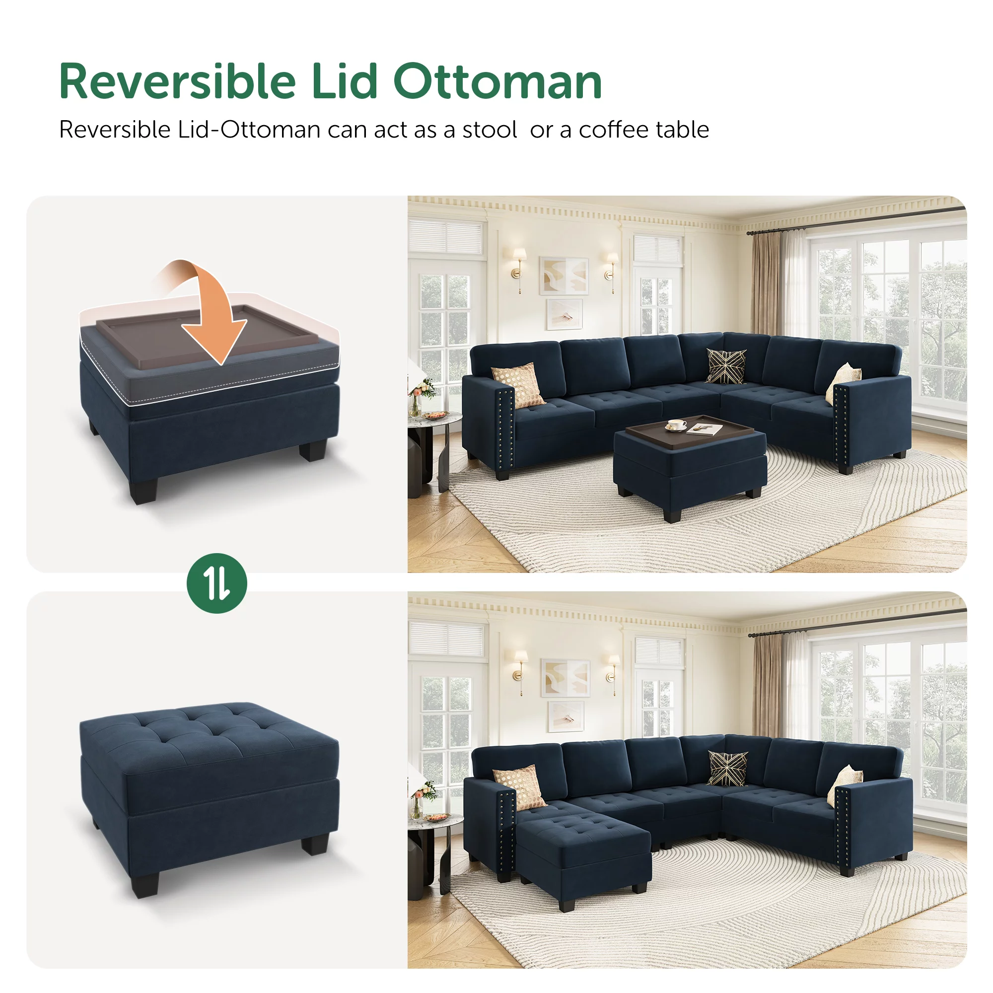 HONBAY U-Shape Tufted Sectional Couch for Apartment Living Room Sofa Couch Sets with Storage Reversible Ottoman(Tray), Dark Navy Blue