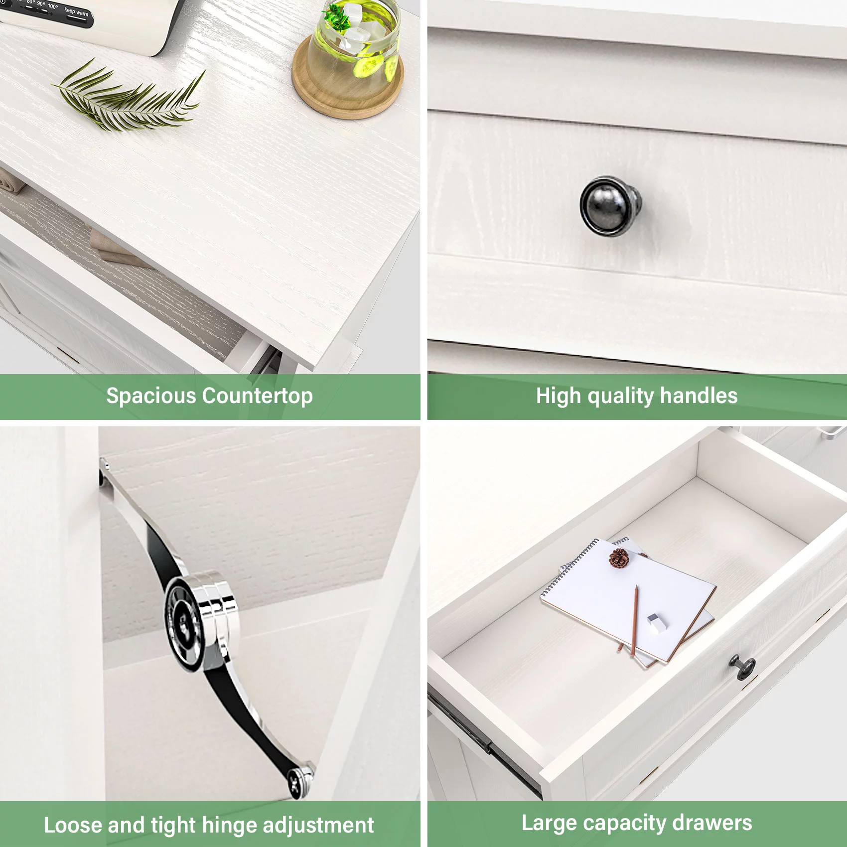 TC-HOMENY Dual Tilt Out Trash Cabinet, Trash Can with Countertop and Drawer, Free Standing Trash Can Cabinets with Lid Support Hinge, Recycling Cabinet Free Standing For Kitchen, Laundry Room, White
